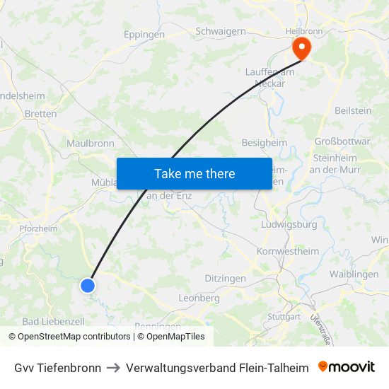 Gvv Tiefenbronn to Verwaltungsverband Flein-Talheim map