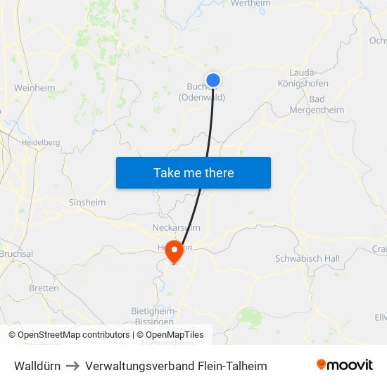 Walldürn to Verwaltungsverband Flein-Talheim map