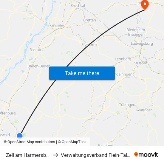 Zell am Harmersbach to Verwaltungsverband Flein-Talheim map