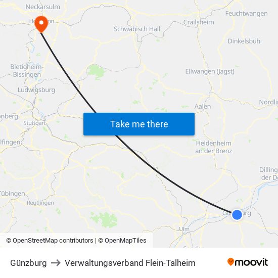 Günzburg to Verwaltungsverband Flein-Talheim map