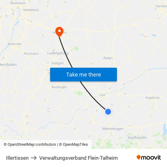 Illertissen to Verwaltungsverband Flein-Talheim map