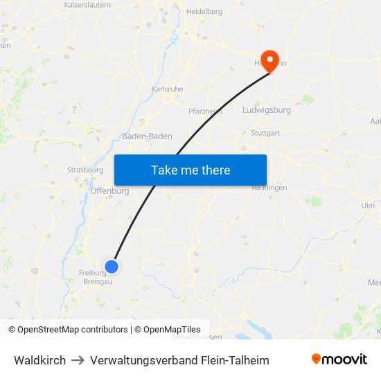 Waldkirch to Verwaltungsverband Flein-Talheim map