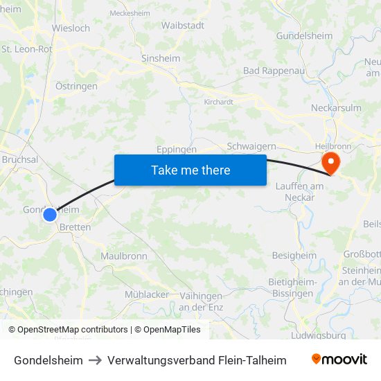 Gondelsheim to Verwaltungsverband Flein-Talheim map