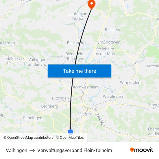 Vaihingen to Verwaltungsverband Flein-Talheim map