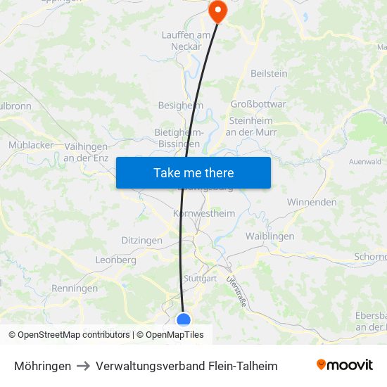 Möhringen to Verwaltungsverband Flein-Talheim map