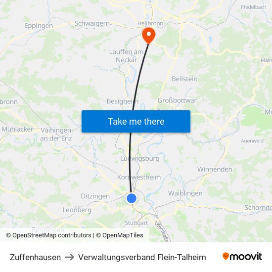 Zuffenhausen to Verwaltungsverband Flein-Talheim map