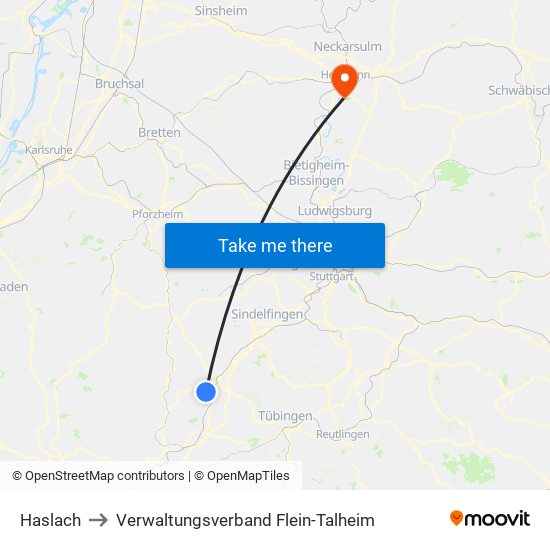 Haslach to Verwaltungsverband Flein-Talheim map