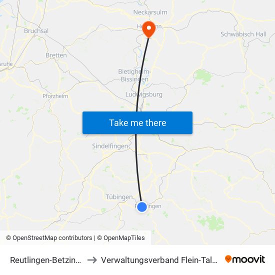 Reutlingen-Betzingen to Verwaltungsverband Flein-Talheim map