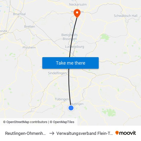 Reutlingen-Ohmenhausen to Verwaltungsverband Flein-Talheim map