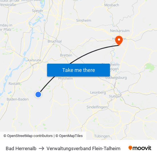 Bad Herrenalb to Verwaltungsverband Flein-Talheim map