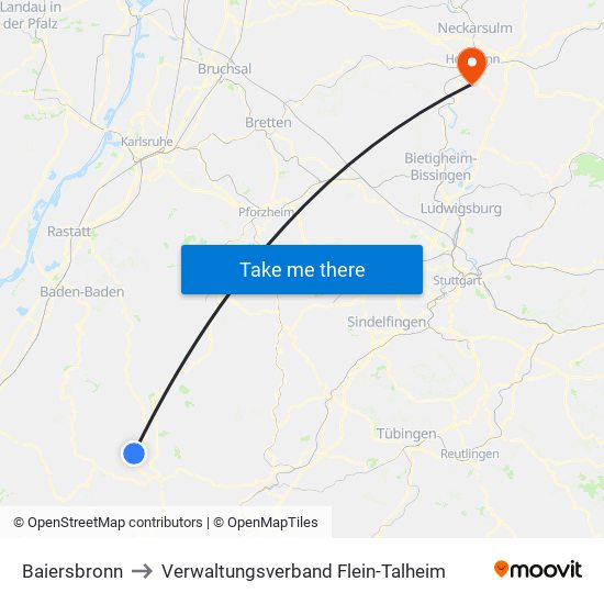 Baiersbronn to Verwaltungsverband Flein-Talheim map