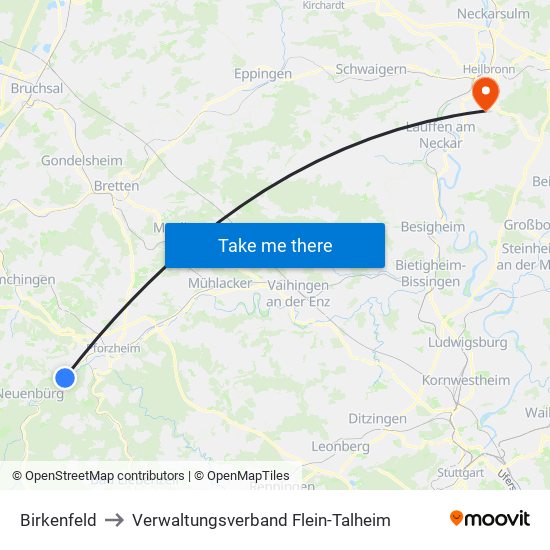 Birkenfeld to Verwaltungsverband Flein-Talheim map