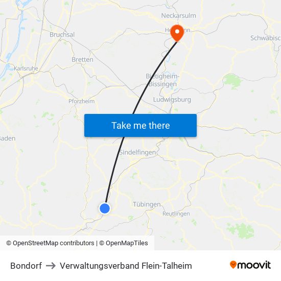 Bondorf to Verwaltungsverband Flein-Talheim map