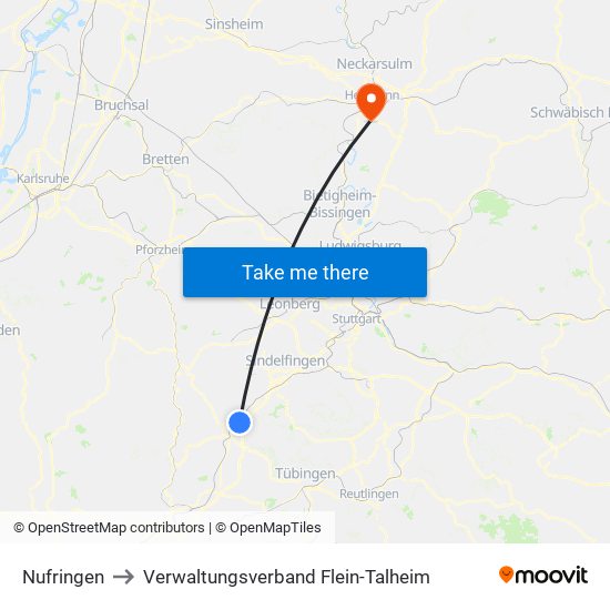 Nufringen to Verwaltungsverband Flein-Talheim map