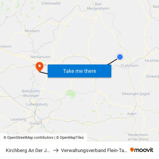 Kirchberg An Der Jagst to Verwaltungsverband Flein-Talheim map