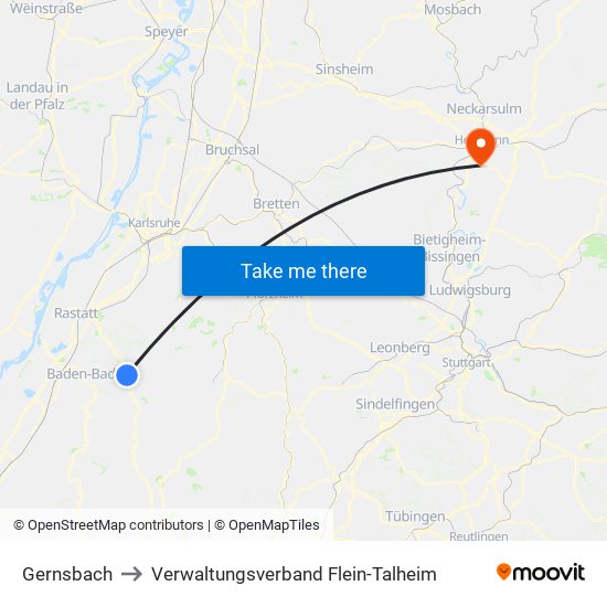 Gernsbach to Verwaltungsverband Flein-Talheim map