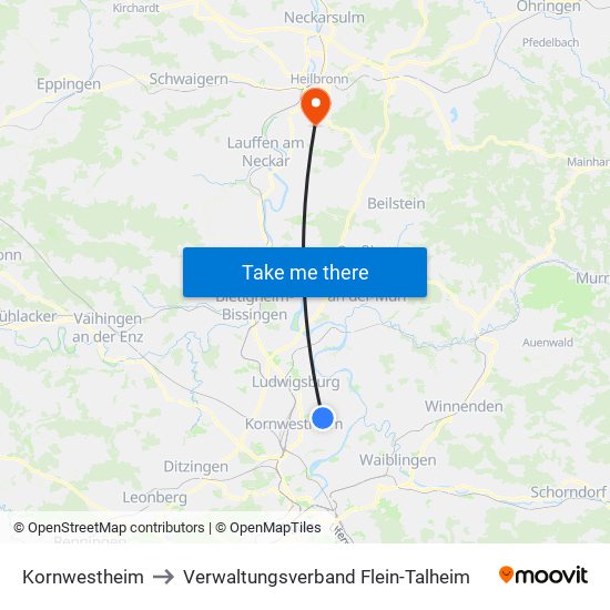 Kornwestheim to Verwaltungsverband Flein-Talheim map