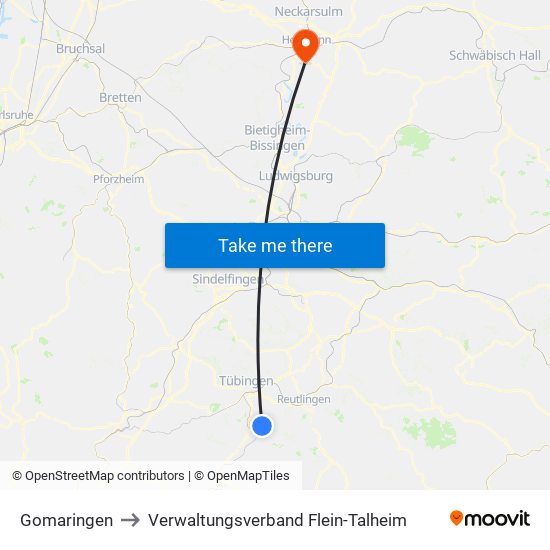 Gomaringen to Verwaltungsverband Flein-Talheim map