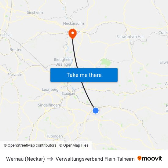 Wernau (Neckar) to Verwaltungsverband Flein-Talheim map