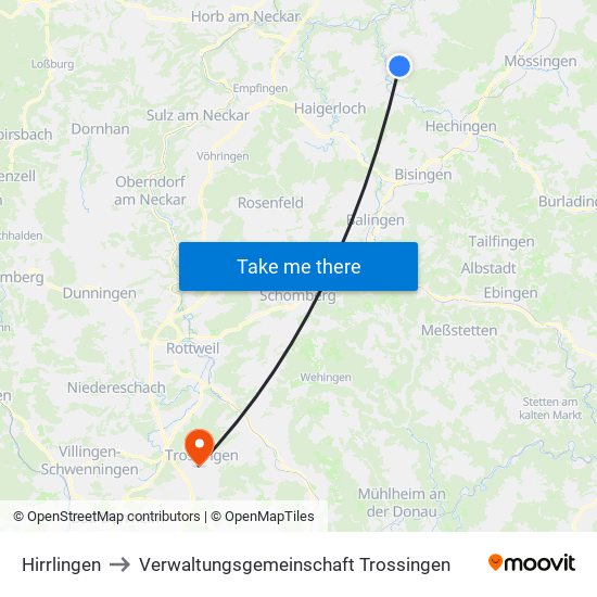 Hirrlingen to Verwaltungsgemeinschaft Trossingen map