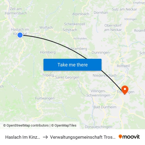 Haslach Im Kinzigtal to Verwaltungsgemeinschaft Trossingen map