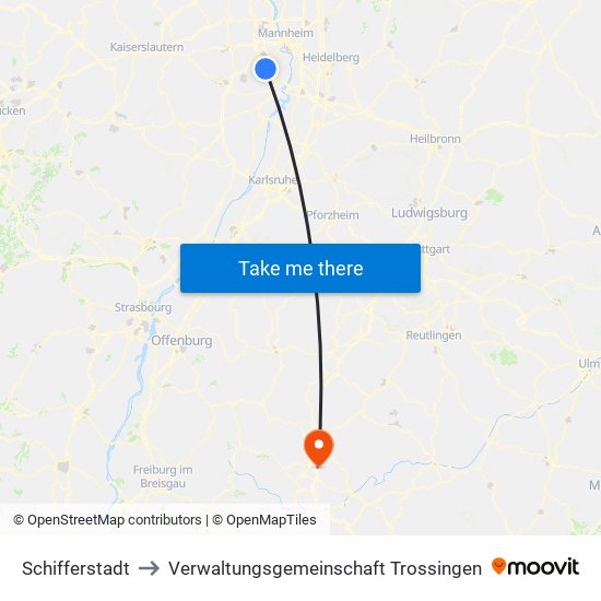 Schifferstadt to Verwaltungsgemeinschaft Trossingen map