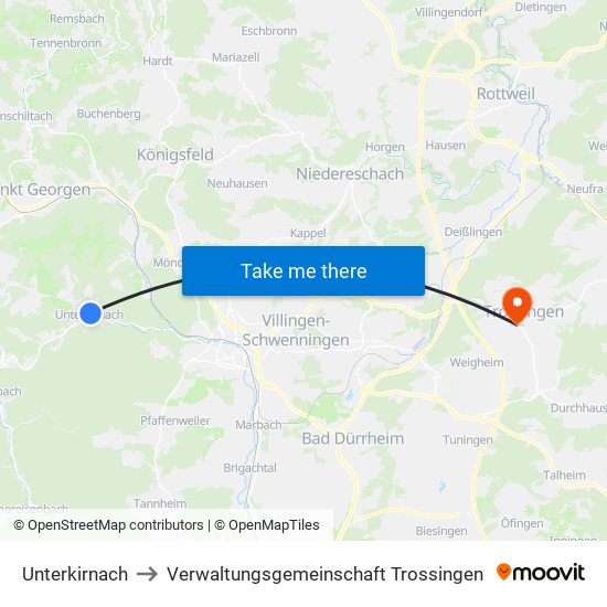 Unterkirnach to Verwaltungsgemeinschaft Trossingen map