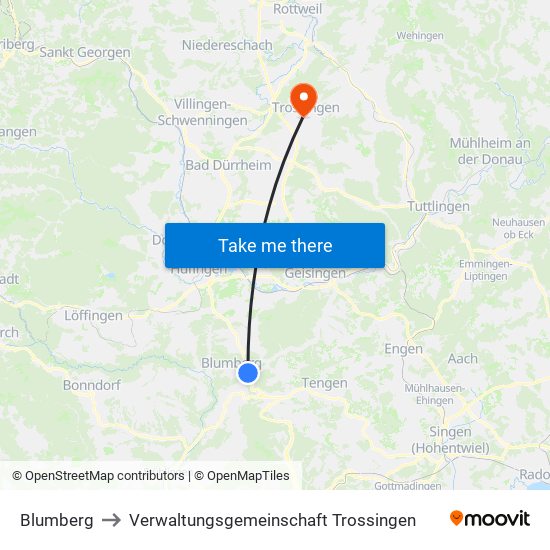 Blumberg to Verwaltungsgemeinschaft Trossingen map