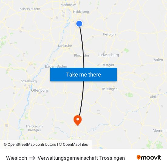 Wiesloch to Verwaltungsgemeinschaft Trossingen map