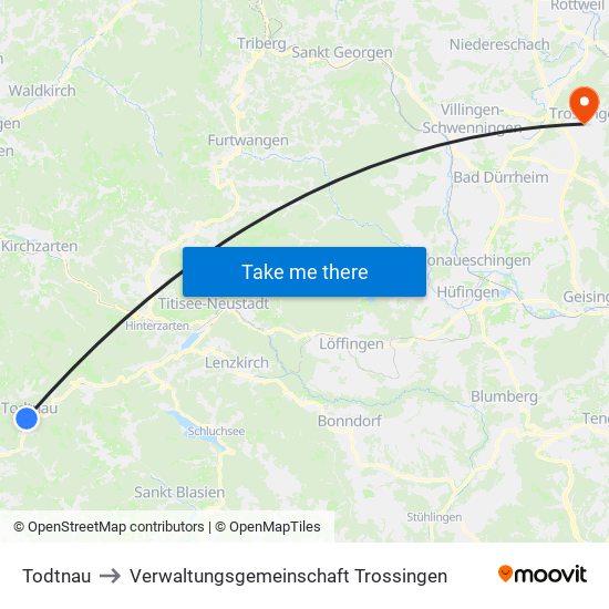 Todtnau to Verwaltungsgemeinschaft Trossingen map