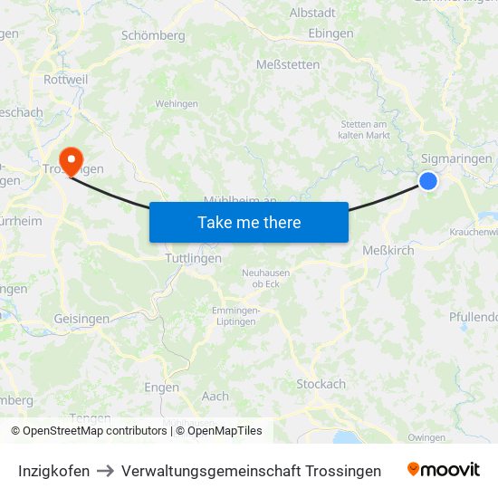 Inzigkofen to Verwaltungsgemeinschaft Trossingen map