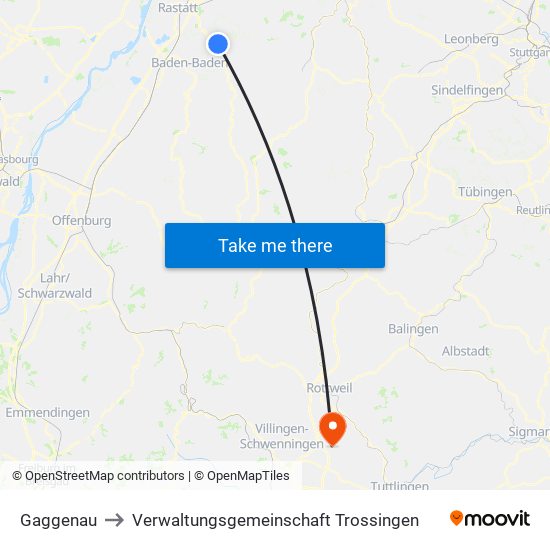 Gaggenau to Verwaltungsgemeinschaft Trossingen map