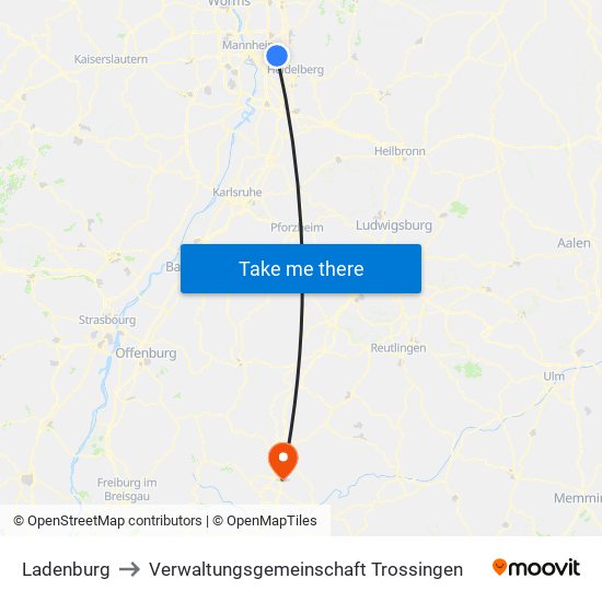 Ladenburg to Verwaltungsgemeinschaft Trossingen map