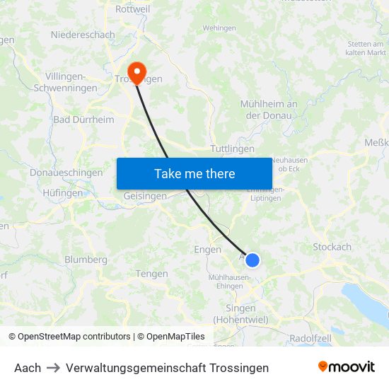 Aach to Verwaltungsgemeinschaft Trossingen map