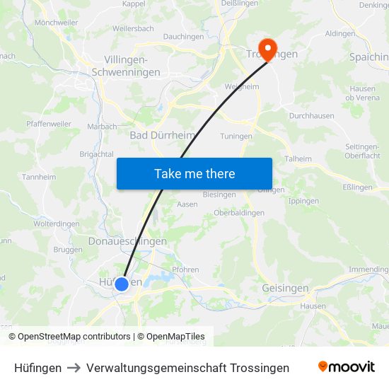 Hüfingen to Verwaltungsgemeinschaft Trossingen map