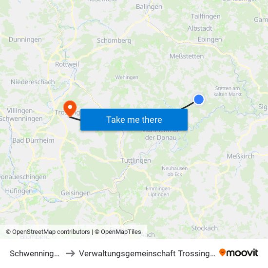 Schwenningen to Verwaltungsgemeinschaft Trossingen map