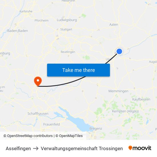 Asselfingen to Verwaltungsgemeinschaft Trossingen map