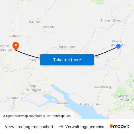 Verwaltungsgemeinschaft Biberach An Der Riß to Verwaltungsgemeinschaft Trossingen map