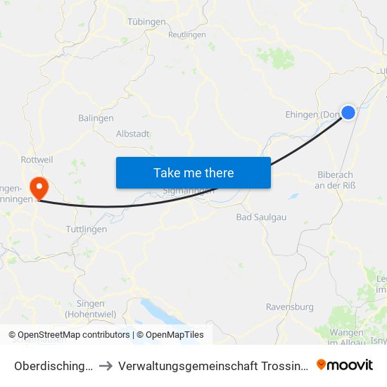 Oberdischingen to Verwaltungsgemeinschaft Trossingen map