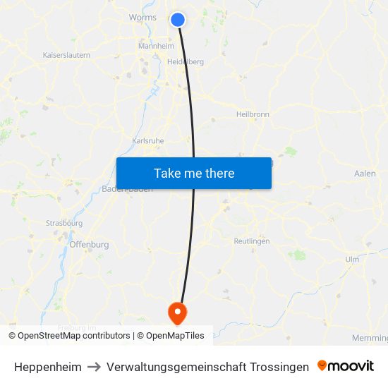 Heppenheim to Verwaltungsgemeinschaft Trossingen map