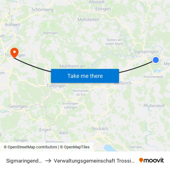 Sigmaringendorf to Verwaltungsgemeinschaft Trossingen map