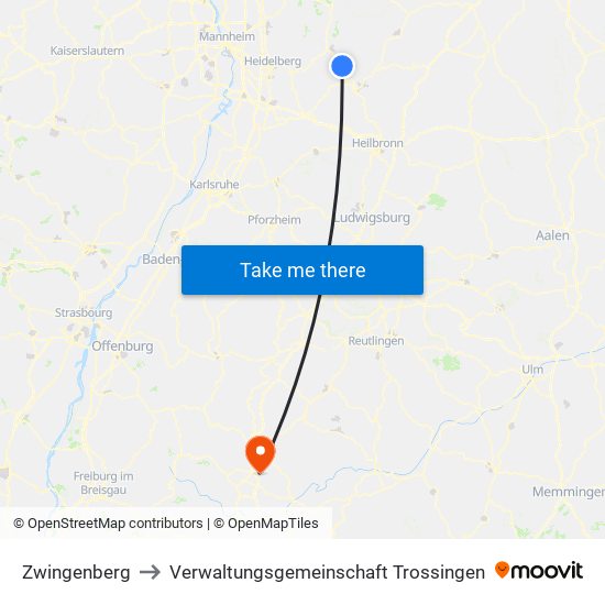 Zwingenberg to Verwaltungsgemeinschaft Trossingen map