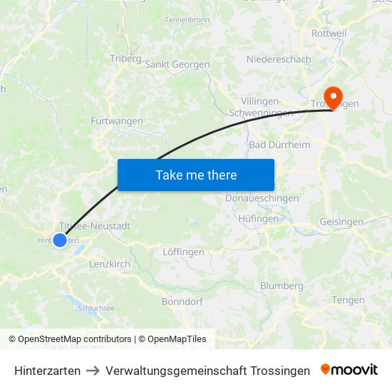 Hinterzarten to Verwaltungsgemeinschaft Trossingen map