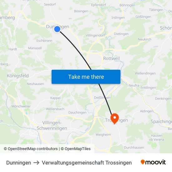 Dunningen to Verwaltungsgemeinschaft Trossingen map