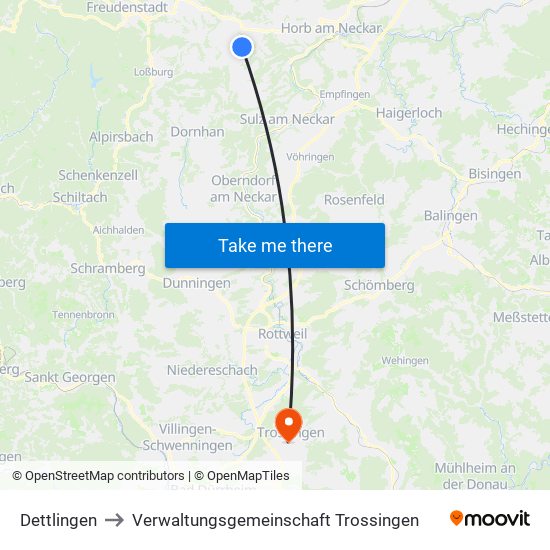 Dettlingen to Verwaltungsgemeinschaft Trossingen map