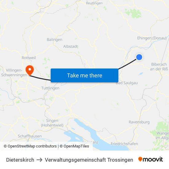 Dieterskirch to Verwaltungsgemeinschaft Trossingen map