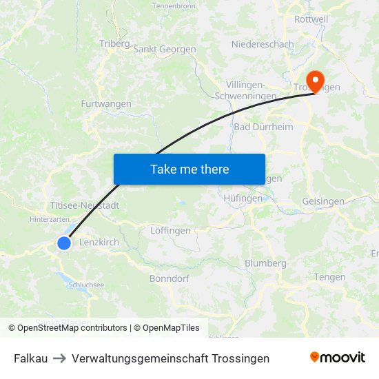 Falkau to Verwaltungsgemeinschaft Trossingen map