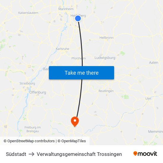 Südstadt to Verwaltungsgemeinschaft Trossingen map