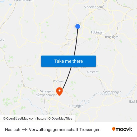 Haslach to Verwaltungsgemeinschaft Trossingen map