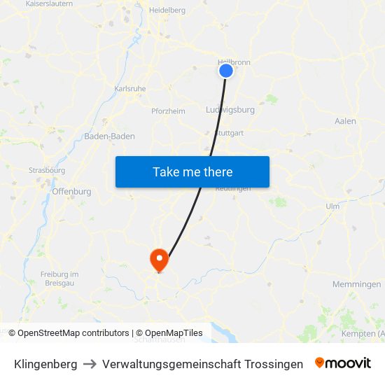 Klingenberg to Verwaltungsgemeinschaft Trossingen map